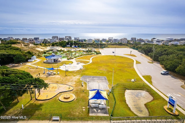 bird's eye view with a water view