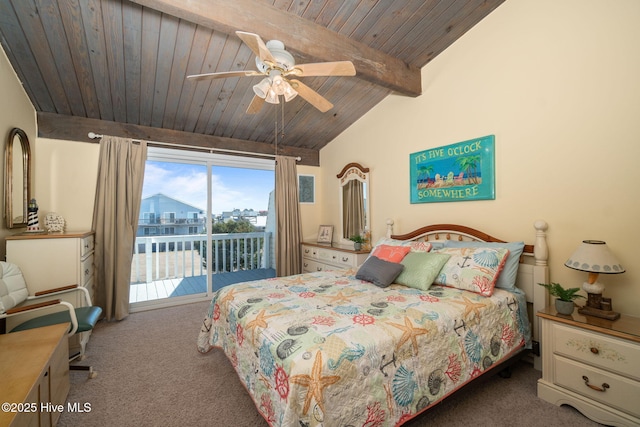 carpeted bedroom with vaulted ceiling with beams, ceiling fan, wooden ceiling, and access to exterior