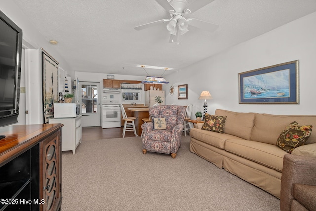 living area with a textured ceiling, carpet flooring, and a ceiling fan