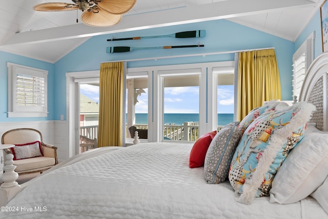 bedroom with access to exterior, ceiling fan, a water view, and lofted ceiling with beams