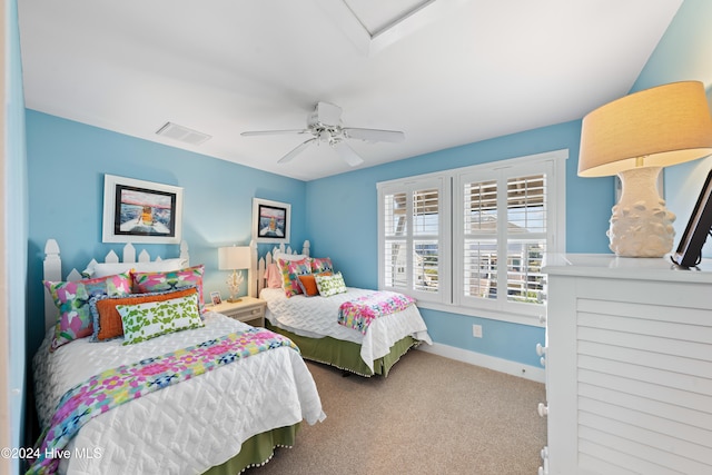 bedroom featuring carpet floors and ceiling fan