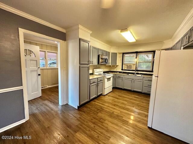 kitchen featuring plenty of natural light, dark hardwood / wood-style floors, and white appliances