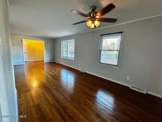 spare room with plenty of natural light, ceiling fan, and wood-type flooring