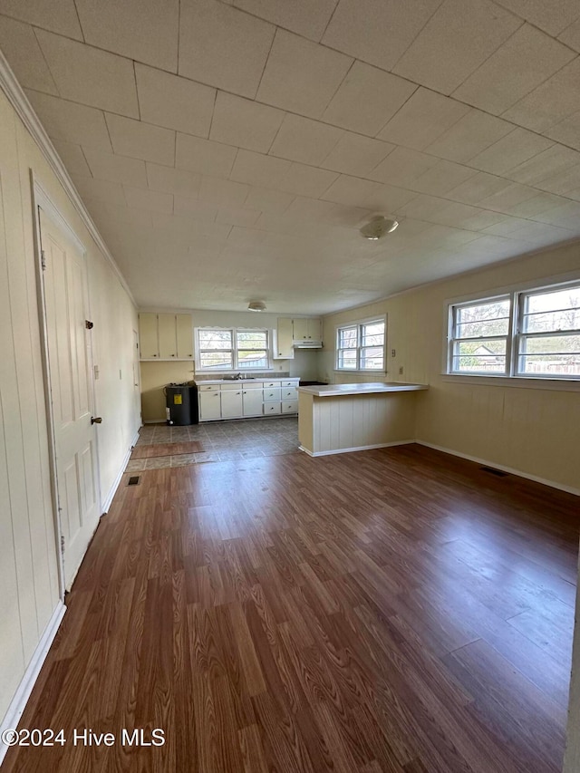 unfurnished living room with dark hardwood / wood-style floors and crown molding