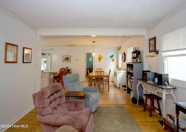 living room with decorative columns, crown molding, and light wood-type flooring