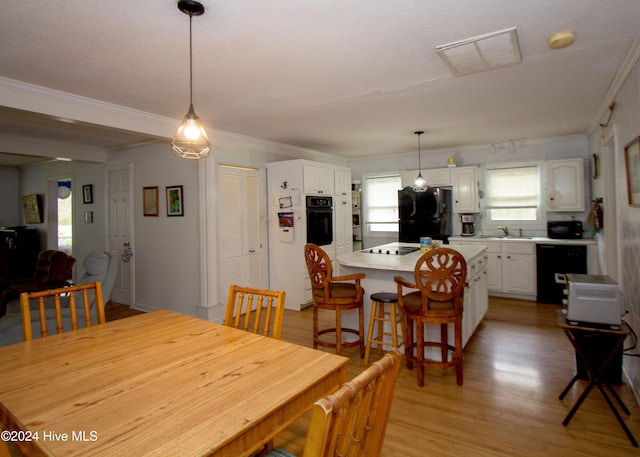 dining room featuring light hardwood / wood-style floors, crown molding, and sink