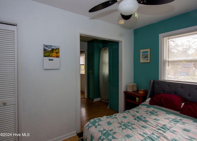 bedroom featuring ceiling fan, a closet, and wood-type flooring