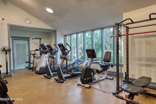 exercise room with vaulted ceiling