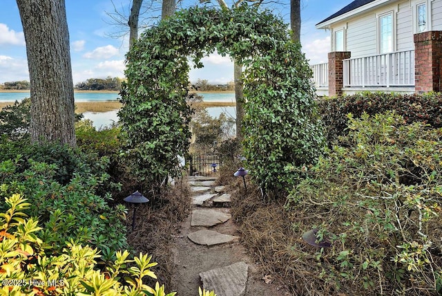 view of yard with a water view