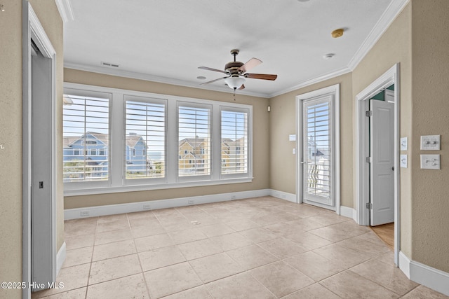 10108 Sea Breeze Dr, Emerald Isle, NC 28594 - empty room featuring a ceiling fan, crown molding, a smoke detector, and light tile patterned floors