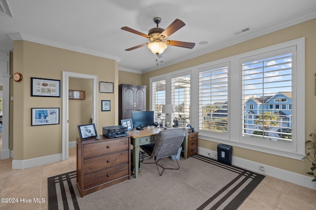 tiled office with ceiling fan and crown molding