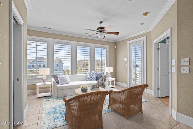 10108 Sea Breeze Dr, Emerald Isle, NC 28594 - living area with a ceiling fan, light tile patterned flooring, and crown molding