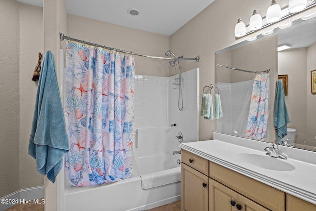 10108 Sea Breeze Dr, Emerald Isle, NC 28594 - bathroom with shower / bath combination with curtain, vanity, and tile patterned floors