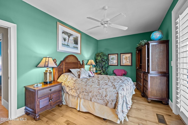 bedroom with ceiling fan and light hardwood / wood-style floors