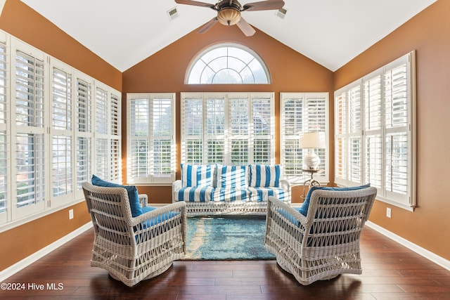 interior space with ceiling fan and vaulted ceiling