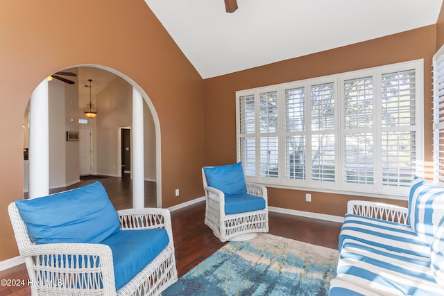 sitting room featuring a healthy amount of sunlight, dark hardwood / wood-style flooring, and high vaulted ceiling