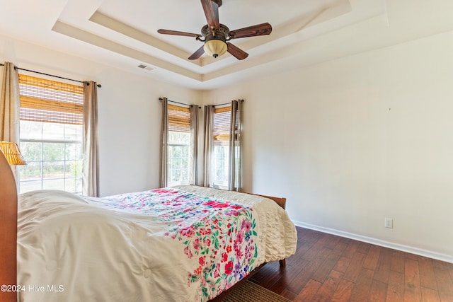 bedroom featuring a raised ceiling, multiple windows, ceiling fan, and dark wood-type flooring