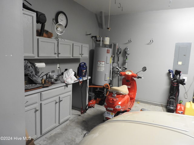 garage featuring electric panel and water heater