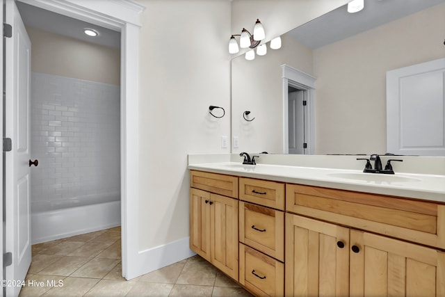 bathroom featuring tile patterned flooring, vanity, and tiled shower / bath combo