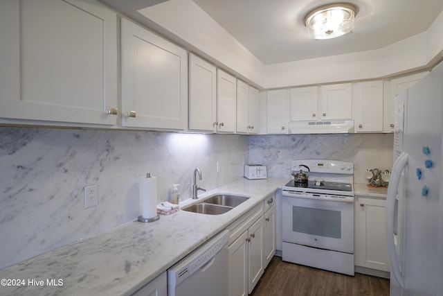 kitchen featuring white appliances, dark wood-type flooring, sink, white cabinetry, and extractor fan