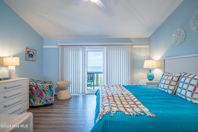 bedroom featuring vaulted ceiling, access to exterior, ceiling fan, and dark hardwood / wood-style floors