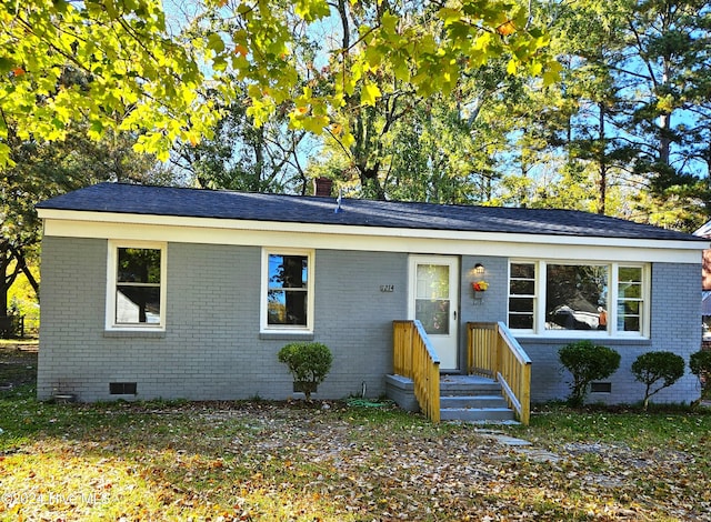 single story home with crawl space, a chimney, and brick siding