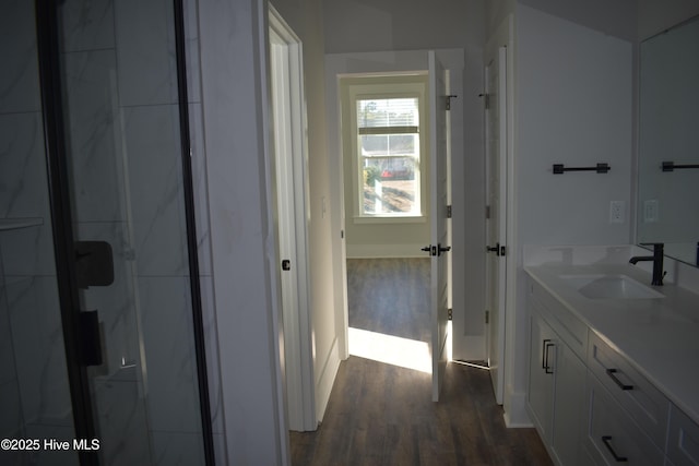 bathroom featuring wood-type flooring and vanity