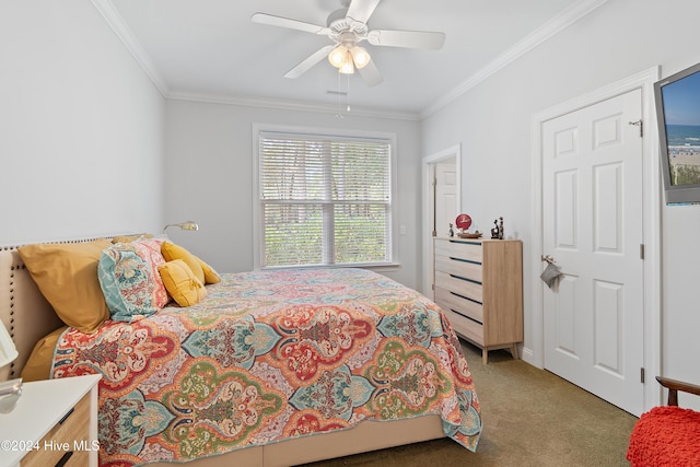 bedroom with carpet, ceiling fan, and ornamental molding