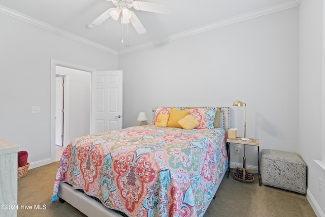 carpeted bedroom featuring ceiling fan and crown molding