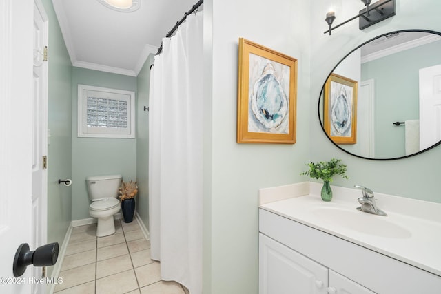 bathroom featuring crown molding, tile patterned floors, toilet, and vanity