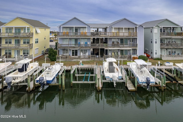 dock area with a water view