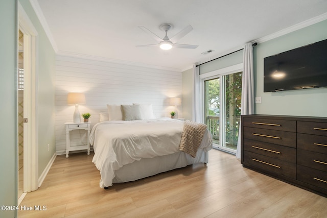 bedroom featuring crown molding, access to outside, ceiling fan, and light wood-type flooring