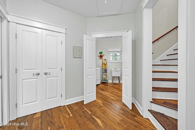 foyer featuring sink and hardwood / wood-style flooring