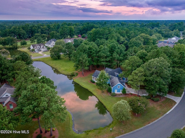 aerial view at dusk with a water view