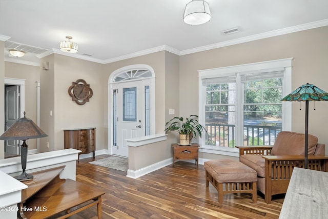 interior space featuring dark hardwood / wood-style floors and crown molding