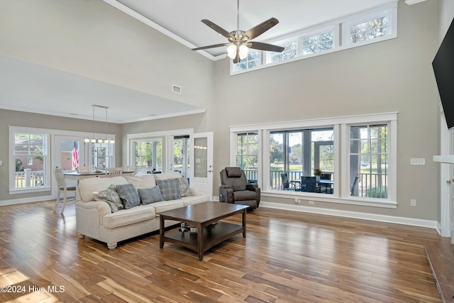 living room with hardwood / wood-style flooring, plenty of natural light, and a high ceiling