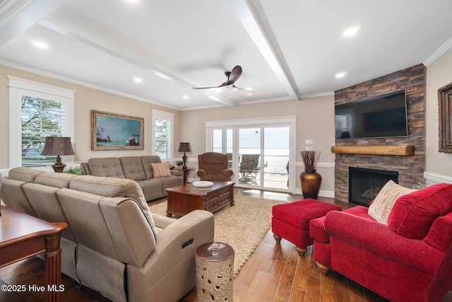 living area featuring a healthy amount of sunlight, ceiling fan, a stone fireplace, wood finished floors, and ornamental molding