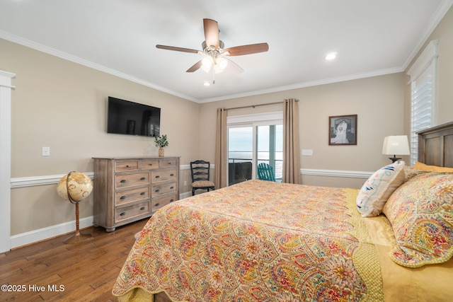 bedroom with crown molding, access to outside, a ceiling fan, baseboards, and wood finished floors