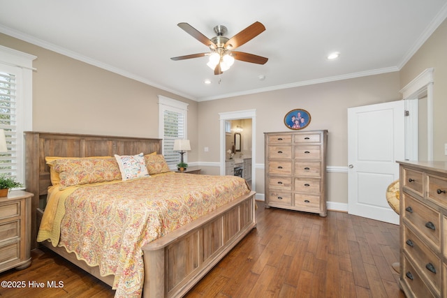 bedroom featuring crown molding, dark wood-style flooring, and recessed lighting