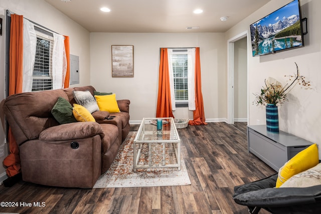 living room featuring dark hardwood / wood-style flooring and electric panel