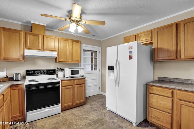 kitchen with ceiling fan, a textured ceiling, under cabinet range hood, white appliances, and crown molding