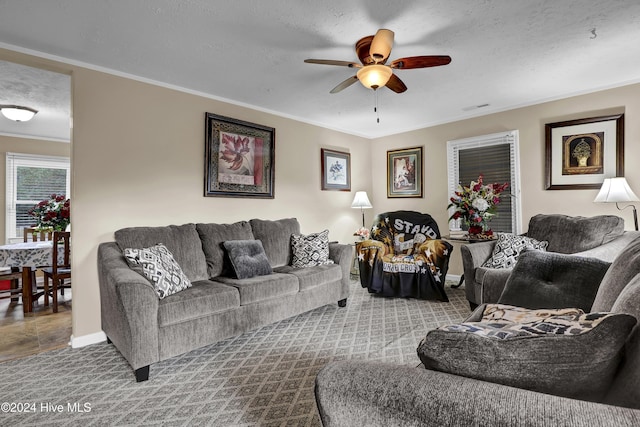 living area with a textured ceiling, ceiling fan, visible vents, baseboards, and crown molding