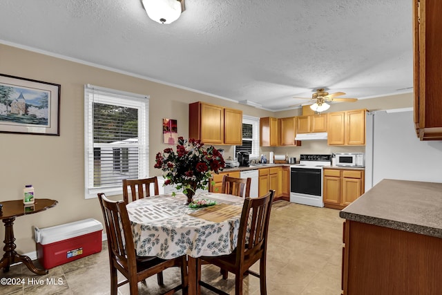 kitchen with a textured ceiling, under cabinet range hood, white appliances, a sink, and a ceiling fan