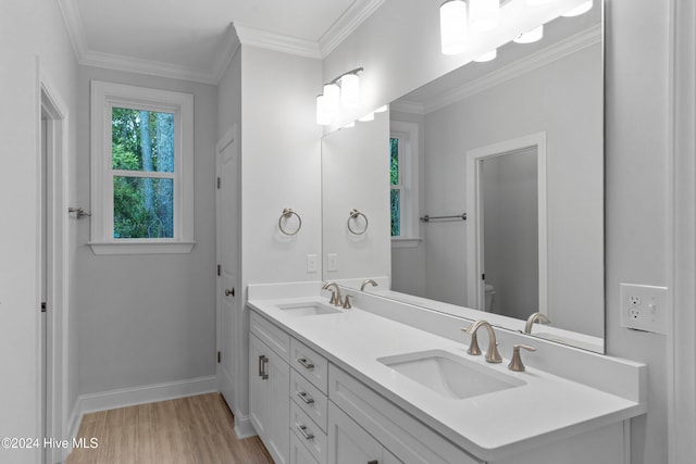 bathroom featuring vanity, hardwood / wood-style flooring, toilet, and crown molding