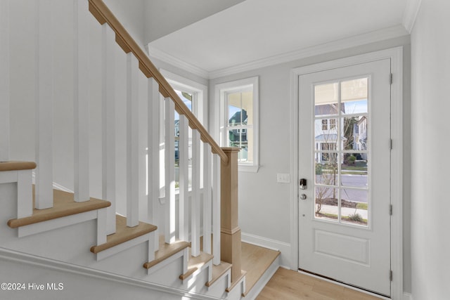 3146 Painted Turtle Loop Unit 12, Wilmington, NC 28409 - foyer with stairway, healthy amount of natural light, crown molding, wood finished floors, and baseboards