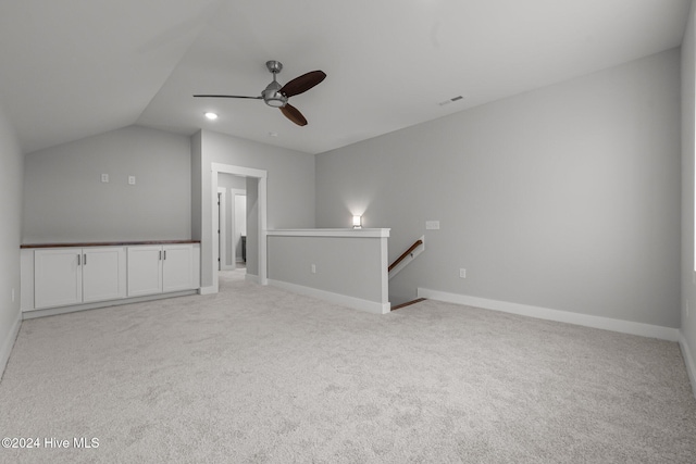 513 Moss Lake Ln, Holly Ridge, NC 28445 - bonus room featuring vaulted ceiling, ceiling fan, light colored carpet, and visible vents