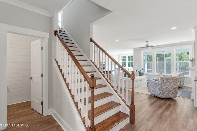 513 Moss Lake Ln, Holly Ridge, NC 28445 - staircase featuring a ceiling fan, baseboards, recessed lighting, and wood finished floors