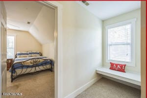 bedroom featuring carpet floors, vaulted ceiling, and multiple windows