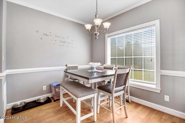 dining room with light hardwood / wood-style flooring, a wealth of natural light, and ornamental molding