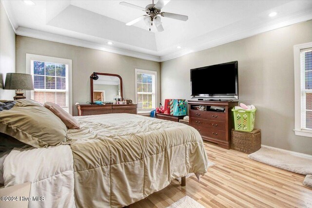 bedroom with light hardwood / wood-style floors, multiple windows, a tray ceiling, and ceiling fan